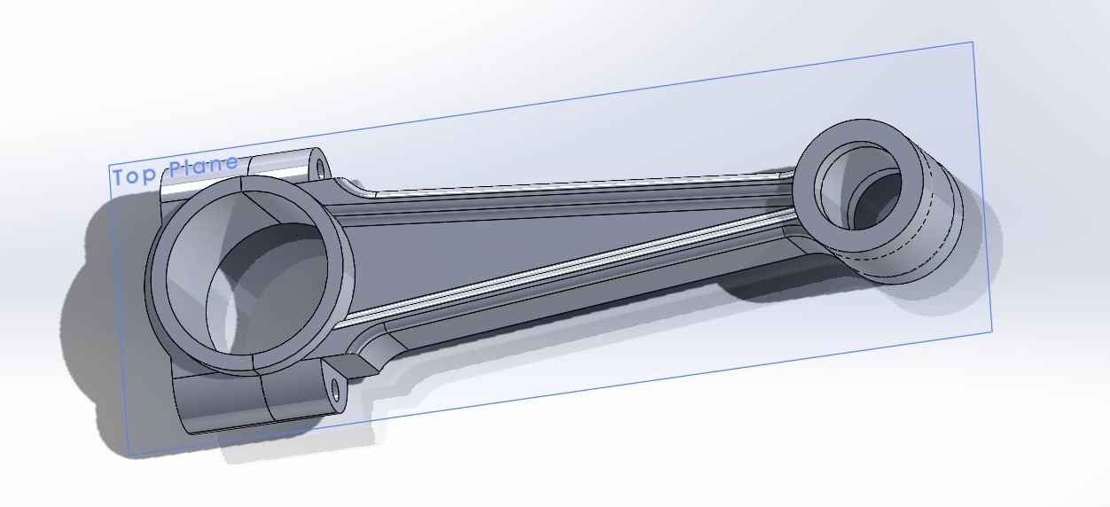 SolidWorks model of a connecting rod with I-beam shank, split big end, and small-end bore